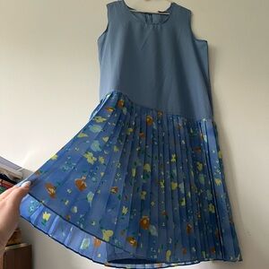 VINTAGE 60s 70s Pleated Blue Swing Dress with Abstract Floral Print